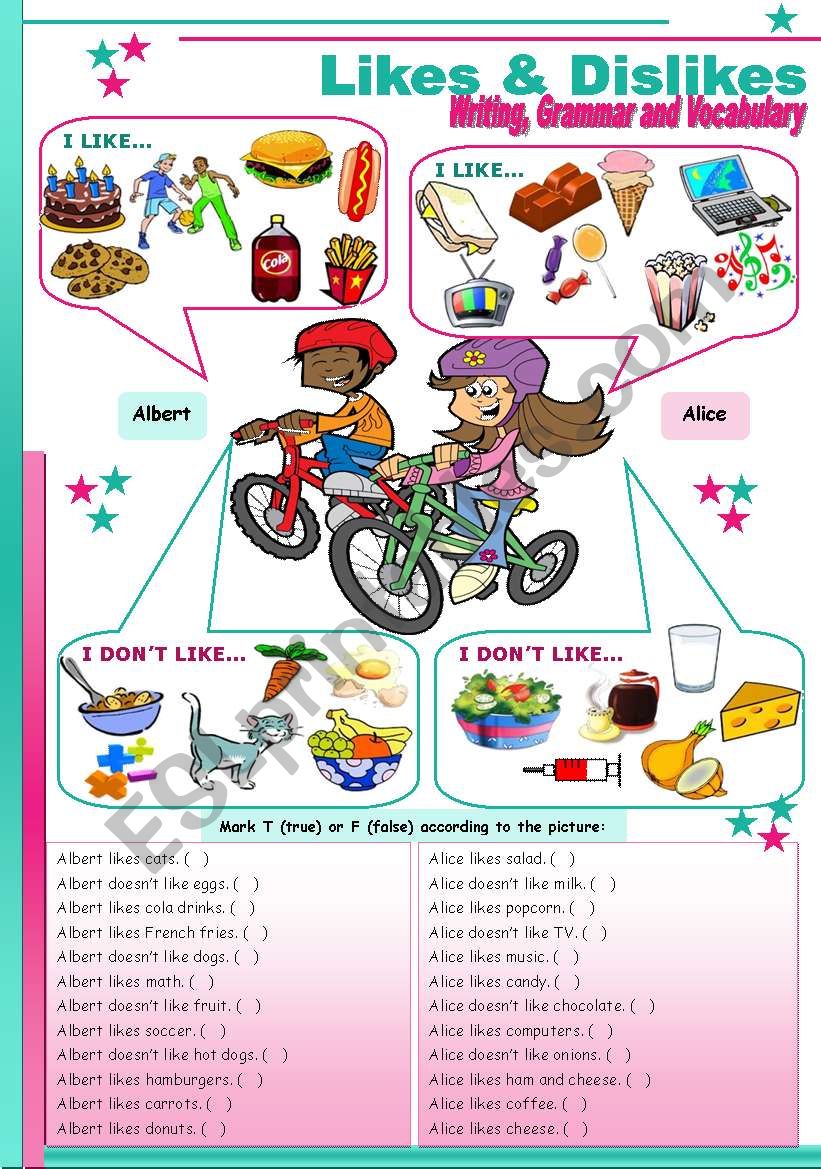 Likes & Dislikes  writing, grammar and vocabulary (to be  present, too / either) [5 tasks] ((2 pages)) ***editable